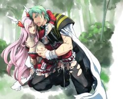 1boy black_pants bow branch breasts censored cloak clothed_sex couple cure_passion dress dripping earrings eas eas_(fresh_precure!) female forest french_kiss fresh_precure! frilled_dress frilled_skirt frilled_sleeves frills gloves grabbing_another's_arm grabbing_another's_breast grabbing_from_behind green_hair groping hair_ornament hair_wings hand_on_another's_arm hands_on_another's_chest hands_on_another's_neck heart heart_hair_ornament higashi_setsuna highres jewelry kissing long_hair male nature nipples pants pantyhose parted_bangs pink_hair precure pretty_cure public_indecency red_eyes saliva saliva_drip sex sex_from_behind short_hair skirt striped_bow sugienoki sweat sweatdrop tears thighhighs tongue tongue_out torn_clothes torn_pantyhose torn_thighhighs tree vaginal_penetration very_long_hair wester_(fresh_precure!) white_cloak wing_hair_ornament wrist_cuffs wristband