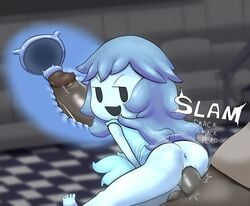 1boy 1girls anus ass blue_hair blue_skin blurred_background blurry_background dizzytizzy english_text female grey_skin mob_face spooky's_house_of_jump_scares spooky_(shojs) text vaginal_penetration x-ray