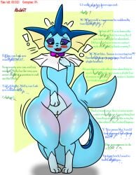 2024 artist_name ass black_nose blue_body blue_countershading blue_eyes blue_markings blush bodily_fluids butt_expansion collar colored countershade_crotch countershading dialogue ear_frill eeveelution english_text exclamation_point expansion female female_feral feral flying_sweatdrops frill_(anatomy) front_view generation_1_pokemon genitals glistening glistening_body head_crest head_frill hi_res human_to_pokemon leg_markings looking_down_at_self markings max_(pomiart) motion_lines neck_frill nintendo nude on_hind_legs open_mouth paws pokeball pokeball_collar pokemon pokemon_(species) pomiart purple_body purple_sclera pussy quadruped semi-anthro simple_background socks_(marking) solo standing sweat sweatdrop tail tail_frill text thick_thighs vaporeon