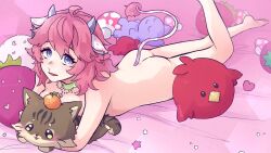ass cow_ears cow_girl cow_horns cow_tail lady_guenivere(vtuber) pink_background pink_hair plushie tail