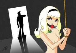 1boy 1girl 2d alice_may ball_gag bdsm blonde_hair blue_eyes bondage bound_wrists collar collar_ring edit female female_focus female_only fred_jones gag hairband hanna-barbera joe9tsuki male nude nude_female nudity rope rope_bondage scooby-doo shadow signature silhouette spotlight