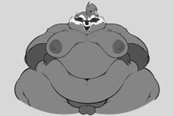 2025 anthro belly belly_grab big_belly genitals guardians_of_the_galaxy hi_res male mammal marvel micropenis monochrome moobs obese obese_anthro obese_male overweight overweight_anthro overweight_male penis procyonid raccoon rocket_raccoon simple_background small_penis solo thewilldpink