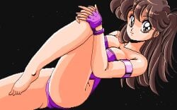 1990 1990s 1girls barefoot breasts brown_eyes brown_hair cleavage clothed clothing custom_(company) cyberblock_metal_orange cynthia_(cyberblock_metal_orange) female female_only fingerless_gloves gloves legs light-skinned_female light_skin pc88 pc98 pixel_art screenshot solo solo_female