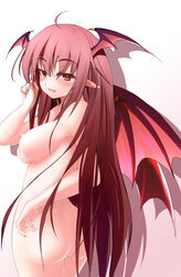 ass bare_shoulders bat_wings blush breasts demon_girl demon_wings head_wings koakuma large_breasts long_hair looking_at_viewer naughty_face nipples nude pointy_ears red_eyes red_hair shiina_shian simple_background solo succubus the_embodiment_of_scarlet_devil touhou very_long_hair wings yellow_eyes