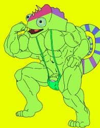 anthro_on_anthro bara biceps blue_sclera buff bulge bulge_through_clothing bulge_through_swimsuit bulge_through_underwear bulge_under_clothes bulge_under_swimsuit chameleon chameleon_humanoid chameleon_tail color colored colored_skin colored_tail ethereal ethereal_island ethereal_monster flex flexing flexing_arm flexing_muscles gay green_body green_mankini green_skin green_thong imageboard kazilleon kazilleon_(my_singing_monsters) lime_background lizard mankini muscular muscular_male pecs penis purple_eyes purple_pupils sexy smiling thong traced traced_art turquoise_mankini turquoise_thong yellow_background
