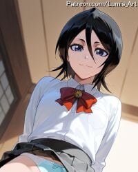 2025 ai_assisted ai_generated artist_name black_hair bleach bleach:_the_thousand-year_blood_war blurry blurry_background bow bow_panties bowtie depth_of_field dress_shirt female hair_between_eyes high_quality high_res high_resolution highres indoors kuchiki_rukia kuchiki_rukia looking_at_viewer lumis_art panties patreon print_panties purple_eyes red_bow red_bowtie school_uniform shirt short_hair skirt skirt_lift smile solo stable_diffusion underwear watermark white_shirt