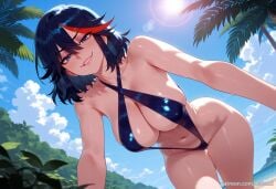 ai_generated balecxi beach black_hair blue_eyes blue_sky cleavage day female kill_la_kill large_breasts looking_at_viewer matoi_ryuuko navel outdoors palm_tree patreon_username red_hair short_hair slingshot_swimsuit smile solo streaked_hair swimsuit thighs