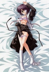 1girls bed_sheet bra breasts dakimakura ef eye_patch female footwear hand_in_panties high_resolution lingerie lying masturbation mound_of_venus nanao_naru on_back open_clothes open_shirt panties purple_hair school_uniform shindou_chihiro shirt short_hair socks solo underboob underwear undressing yellow_eyes