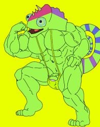 anthro_on_anthro bara biceps blue_sclera buff bulge bulge_through_clothing bulge_through_swimsuit bulge_through_underwear bulge_under_clothes bulge_under_swimsuit chameleon chameleon_humanoid chameleon_tail color colored colored_skin colored_tail ethereal ethereal_island ethereal_monster flex flexing flexing_arm flexing_muscles gay green_body green_mankini green_skin green_thong imageboard kazilleon kazilleon_(my_singing_monsters) lime_background lime_mankini lizard mankini muscular muscular_male pecs penis purple_eyes purple_pupils sexy smiling thong traced traced_art yellow_background