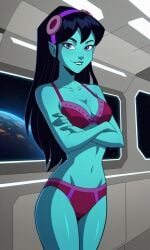4kids_entertainment ai_generated alien alien_girl ass bigmic145 black_hair blue_eyes blue_skin bra breasts female panties pointy_ears starlee_hambrath tease teasing teenage_mutant_ninja_turtles teenage_mutant_ninja_turtles_(2003) tmnt tmnt_2003