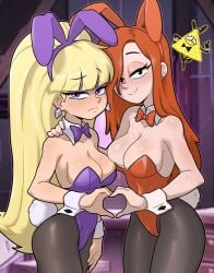 2girls blonde_hair breasts bunnysuit centinel303 female female_only freckles gravity_falls heart looking_at_viewer orange_hair pacifica_northwest partially_clothed wendy_corduroy