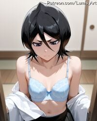 2025 ai_assisted ai_generated artist_name black_eyes bleach bleach:_the_thousand-year_blood_war blue_bra blurry blurry_background blurry_foreground bow bra breasts collarbone depth_of_field female hair_between_eyes high_quality high_res high_resolution highres kuchiki_rukia kuchiki_rukia lumis_art navel off_shoulder open_shirt patreon shirt short_hair small_breasts solo stable_diffusion underwear undressing watermark white_shirt