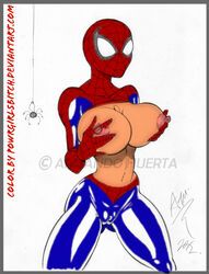 1girls big_boobs big_breasts boobs breast_grab cameltoe curvy curvy_body curvy_female grabbing_breasts marvel marvel_comics nipples petra_parker powergirlsbitch self_breast_fondle sole_female solo spider-girl spider-man_(series) spider-man_suit spider-woman tagme thick_thighs tits