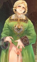 1girls blonde_hair breasts elden_ring female green_dress green_eyes kuyuen1 lifting_skirt nipple_slip pierced_genitals piercing plants pussy pussy_juice_drip pussy_piercing ruins rya_(elden_ring) smile snake_eyes voyeur