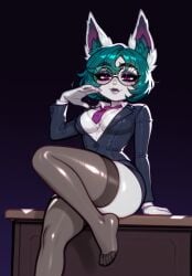 1girls ai_generated anthro barefoot business_suit cleavage crossed_legs desk female furry_ears green_hair league_of_legends looking_at_viewer miniskirt riot_games secretary solo suggestive tagme thighhighs vex_(league_of_legends) white_shirt