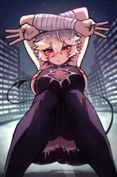 absolute_territory bandaged_arm big_breasts black_hair black_nail black_nail_polish black_shorts black_thighhighs blaire_rune blairevt body_markings breasts busty cat_shadow_puppet_(meme) city city_background cityscape cleavage cleavage_cutout crouching demon_tail from_below indie_virtual_youtuber jean_shorts large_breasts low-angle_view meme meme_reference narrowed_eyes night nonbinary open_mouth painted_nails pose posing pov red_eyes red_stripes short_hair sideboob solo solo_focus spiked_collar street striped_body thighhighs virtual_youtuber vtuber white_hair zettai_ryouiki