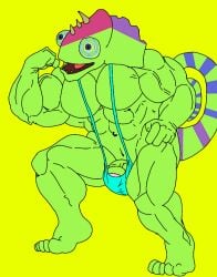anthro_on_anthro bara biceps blue_sclera buff bulge bulge_through_clothing bulge_through_swimsuit bulge_through_underwear bulge_under_clothes bulge_under_swimsuit chameleon chameleon_humanoid chameleon_tail color colored colored_skin colored_tail cyan_mankini cyan_thong ethereal ethereal_island ethereal_monster flex flexing flexing_arm flexing_muscles gay green_body green_skin imageboard kazilleon kazilleon_(my_singing_monsters) lime_background lizard mankini muscular muscular_male pecs penis purple_eyes purple_pupils sexy smiling thong traced traced_art yellow_background