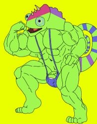 anthro_on_anthro bara biceps blue_mankini blue_sclera blue_thong buff bulge bulge_through_clothing bulge_through_swimsuit bulge_through_underwear bulge_under_clothes bulge_under_swimsuit chameleon chameleon_humanoid chameleon_tail color colored colored_skin colored_tail ethereal ethereal_island ethereal_monster flex flexing flexing_arm flexing_muscles gay green_body green_skin imageboard kazilleon kazilleon_(my_singing_monsters) lime_background lizard mankini muscular muscular_male pecs penis purple_eyes purple_pupils sexy smiling thong traced traced_art yellow_background