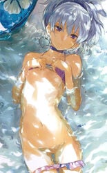 1girls bikini bikini_lift bra_lift breasts bust choker darker_than_black female flat_chest hair_ribbon highres kawakami_rokkaku looking_at_viewer lying midriff navel nipples panties panty_pull ponytail purple_eyes pussy ribbon scan shade silver_hair slender solo swimsuit swimsuit_pull tied_hair uncensored underboob underwear water wet wet_hair white_hair yin_(darker_than_black)