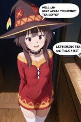 ? ai_generated comic female kono_subarashii_sekai_ni_shukufuku_wo! megumin normal_breasts puzzled red_dress red_eyes short_hair text text_bubble
