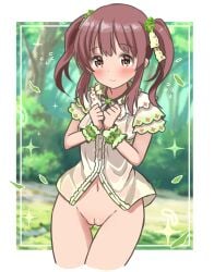 absurdres ass_visible_through_thighs black_bow black_bowtie blush bottomless bow bowtie brown_eyes brown_hair bush commentary_request cowboy_shot cropped_legs dress_shirt exhibitionism falling_leaves flying_sweatdrops highres idolmaster idolmaster_cinderella_girls leaf looking_at_viewer medium_hair navel ogata_chieri ohana._(user_jhpk8322) outdoors public_indecency pussy shirt short_sleeves short_twintails sidelocks smile sparkle standing stomach thigh_gap thighs tree twintails white_shirt wrist_cuffs