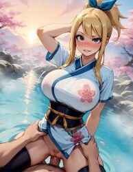 ai_generated blonde_hair brown_eyes cherry_blossoms fairy_tail fucked_silly hip_grab hot_spring illustrious_(stable_diffusion) kimono looking_at_viewer lucy_heartfilia one_arm_behind_head orgasm payop ponytail pov pubic_hair spread_legs thighhighs uncensored vaginal_sex