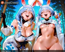 2girls ai_generated alternate_breast_size alternate_costume animal_ear_fluff animal_ears asmutcriminal bangs bare_shoulders bare_tree blue_hair blush bow braid breasts bunny carrot carrot_hair_ornament closed_eyes cloud cloudy_sky covered_nipples cowboy_shot dark_skin detached_sleeves don-chan_(usada_pekora) dress earrings eyebrows_visible_through_hair female food-themed_hair_ornament full_moon gloves hair_ornament hololive hololive_fantasy hololive_japan large_breasts laughing light_blue_hair long_hair mature_female medium_hair moon multi_ear multicolored_hair multiple_girls navel night night_sky nipples open_mouth outdoors palm_tree pekomama pickaxe piercing pointy_ears pussy rabbit_ears rabbit_girl rabbit_tail saliva see-through sky small_breasts smile sweat tagme tail thick_eyebrows thighs tongue tongue_out torii tree twin_braids two-tone_hair usada_pekora virtual_youtuber wet wet_clothes white_dress white_hair white_sleeves window