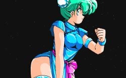 1990 1990s 1girls 90s black_background bracelet breasts clothed clothing custom_(company) cyberblock_metal_orange female female_only game_cg green_eyes green_hair nipple_bulge pc88 pc98 pixel_art rinn_(cyberblock_metal_orange) screenshot simple_background solo solo_female thighs
