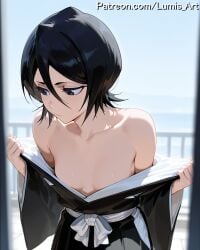 2025 ai_assisted ai_generated artist_name black_hair black_kimono bleach bleach:_the_thousand-year_blood_war blurry blurry_background bow breasts closed_mouth collarbone day depth_of_field female hair_between_eyes high_quality high_res high_resolution highres japanese_clothes kimono kuchiki_rukia kuchiki_rukia long_sleeves lumis_art no_bra off_shoulder patreon short_hair small_breasts solo stable_diffusion undressing watermark wide_sleeves