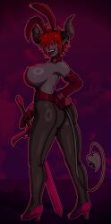 1girls 2025 2d 2d_(artwork) abstract_background ass big_ass big_breasts black_lipstick black_sclera blush breasts breasts_bigger_than_head bunnysuit dark-skinned_female dark_skin demon demon_girl demon_horns demon_tail earrings face_tattoo female grey_skin heels hi_res holding_object holding_weapon horns kinurathrenne_(artist) lipstick maki_scallion_(oc) oc original pantyhose piercing playboy_bunny red_eyes red_hair sharp_teeth short_hair sword tail tail_piercing tomboy tongue tongue_out tongue_piercing