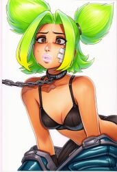 ai_generated all_fours black_lingerie chain_leash collar green_hair league_of_legends league_of_legends:_wild_rift pet_play petite petite_female skinny_female submissive_female surprised_expression twintails zeri_(league_of_legends)