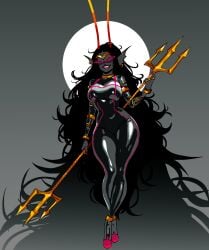 1girl 1girls ancestor_(homestuck) black_hair bodysuit clothed clothing empty_eyes female fins fully_clothed gold_(metal) gold_jewelry grey_skin homestuck homestuck_troll horn horns jewelry large_breasts latex long_hair long_nails ms_paint_adventures piercing pink_lips pink_lipstick pink_nails sharp_teeth simple_background skin_tight soldierexclipse solo solo_female the_condesce thick_thighs tiara tight_clothing trident very_long_hair weapon wide_hips