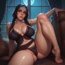 ai_generated black_garter_straps black_hair black_lingerie black_lipstick black_pantyhose black_stockings black_thong bra braid braided_twintails breasts cleavage clothing dark_hair goth_girl huge_breasts large_breasts lingerie long_hair looking_at_viewer low_twin_braids panties solo stockings tagme the_addams_family thick_thighs thighhighs thighs thong tied_hair twin_braids twintails wednesday_addams wet_body