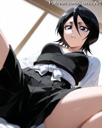 2025 ai_assisted ai_generated artist_name black_hair black_kimono bleach bleach:_the_thousand-year_blood_war blurry blurry_background blurry_foreground breasts closed_mouth depth_of_field female frown hair_between_eyes hakama hakama_skirt high_quality high_res high_resolution highres japanese_clothes kimono kuchiki_rukia kuchiki_rukia long_sleeves looking_at_viewer lumis_art medium_breasts panties patreon short_hair sitting skirt solo spread_legs stable_diffusion underwear watermark white_panties