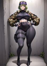 1girls abs ai_generated crop_top ela_(rainbow_six) female green_hair headset_microphone headwear high_heels jacket short_hair thick_thighs tight_clothing wide_hips yoga_pants