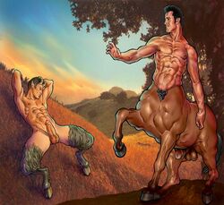 2boys abs arms_raised black_hair boner brown_hair centaur equine equine_penis erect_nipples erection fictional_interracial froederich_myson gay greek_mythology hands_above_head horns_and_hooves horse interspecies inviting_to_sex large_balls large_penis lying_on_back male male/male male_on_male male_only multiple_males mythology nessus_(mythology) pan pecs penis presenting_penis satyr sleeping spread_legs taur veiny_muscles yaoi