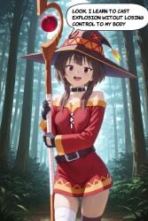 ai_generated comic female kono_subarashii_sekai_ni_shukufuku_wo! megumin nature normal_breasts red_dress red_eyes short_hair standing text text_bubble wizard_hat