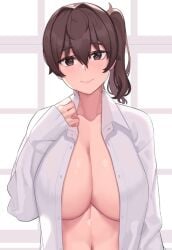 bangs blinds blush breasts brown_eyes brown_hair cleavage closed_mouth collarbone collared_shirt dress_shirt eyebrows_visible_through_hair female hair_between_eyes huge_breasts kaga_(kantai_collection) large_breasts long_sleeves looking_at_viewer naked_shirt navel open_clothes open_shirt shirt side_ponytail sleeves_past_wrists smile solo striped striped_background unbuttoned upper_body vertical_stripes white_shirt