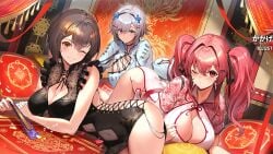3girls ;) ;d ahoge alternate_costume ass azur_lane baltimore_(azur_lane) bare_shoulders black_dress black_hair blue_eyes blush braid breasts bremerton_(azur_lane) brown_eyes brown_hair center_opening cg china_dress chinese_clothes cleavage cleavage_cutout closed_mouth clothing_cutout copyright_name crossed_bangs dress folding_fan grey_hair grin hair_between_eyes hair_intakes hair_ornament hairband hairclip hand_fan holding holding_fan indoors instrument lantern large_breasts long_hair looking_at_viewer lying mole mole_on_breast multicolored_hair multiple_girls navel navel_cutout official_alternate_costume official_art on_side on_stomach one_eye_closed open_mouth paper_fan parted_lips pelvic_curtain pink_eyes pink_hair ponytail red_eyes red_hair reno_(azur_lane) short_hair short_sleeves side_slit sideless_outfit sidelocks silver_hair sitting sleeveless sleeveless_dress small_breasts smile streaked_hair thighs twintails uchiwa underboob_cutout white_dress white_hair x_hair_ornament yellow_eyes
