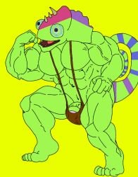 anthro_on_anthro bara biceps blue_sclera brown_mankini brown_thong buff bulge bulge_through_clothing bulge_through_swimsuit bulge_through_underwear bulge_under_clothes bulge_under_swimsuit chameleon chameleon_humanoid chameleon_tail color colored colored_skin colored_tail ethereal ethereal_island ethereal_monster flex flexing flexing_arm flexing_muscles gay green_body green_skin imageboard kazilleon kazilleon_(my_singing_monsters) lime_background lizard mankini muscular muscular_male pecs penis purple_eyes purple_pupils sexy smiling thong traced traced_art yellow_background
