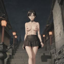 1girls ai_generated black_hair black_skirt breasts breasts_out choker collar earrings exposed_breasts female female_focus female_only glasses gold_jewelry human human_female japanese looking_at_viewer manga nhumanfuture perfect_body perfect_boobs posing posing_for_the_viewer public public_exposure public_nudity saree short_hair short_skirt skirt skirt_only solo solo_female stairs thin_waist topless topless_female