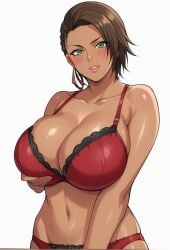 abs ai_generated azucena_milagros_ortiz_castillo bandai_namco big_breasts breasts brown_hair cleavage curvy curvy_female curvy_figure dark-skinned_female dark_skin earrings female flower_in_hair gloves green_eyes hair_ornament latina looking_at_viewer namco office_clothing peruvian peruvian_female pose seductive short_hair solo standing style sweat tan-skinned_female tan_skin tekken tekken_8 video_game_character voluptuous voluptuous_female wide_hips