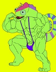 anthro_on_anthro bara biceps blue_sclera buff bulge bulge_through_clothing bulge_through_swimsuit bulge_through_underwear bulge_under_clothes bulge_under_swimsuit chameleon chameleon_humanoid chameleon_tail color colored colored_skin colored_tail ethereal ethereal_island ethereal_monster flex flexing flexing_arm flexing_muscles gay green_body green_skin imageboard kazilleon kazilleon_(my_singing_monsters) lime_background lizard mankini muscular muscular_male pecs penis purple_eyes purple_mankini purple_pupils purple_thong sexy smiling thong traced traced_art yellow_background