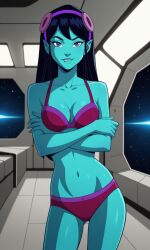 4kids_entertainment ai_generated alien alien_girl ass bigmic145 black_hair blue_eyes blue_skin bra breasts female panties pointy_ears starlee_hambrath tease teasing teenage_mutant_ninja_turtles teenage_mutant_ninja_turtles_(2003) tmnt tmnt_2003