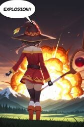ai_generated comic explosion female kono_subarashii_sekai_ni_shukufuku_wo! megumin normal_breasts red_dress red_eyes short_hair text text_bubble wizard_hat