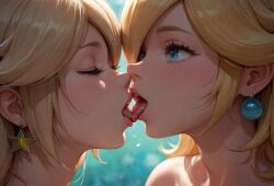 2girls ai_generated aintthatnice blonde_female blonde_hair blue_eyes blush closed_eyes earrings female female/female female_only french_kiss hair_over_one_eye jewelry kissing lesbian_kiss lips long_hair mario_(series) multiple_girls nintendo open_mouth princess_peach princess_rosalina saliva star star_earrings super_mario_bros. tongue tongue_kiss tongue_out yuri