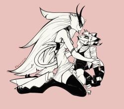 1boy 1girls 2023 2d avian avian_humanoid bandana bird breasts clothing color demon erect_penis erection feathers female female/male genitals heels helluva_boss horns imp looking_at_another male no_panties penis pink_background pussy shoes stella_(helluva_boss) stockings striker_(helluva_boss) tail twiggietime vagina vivienne_medrano watermark