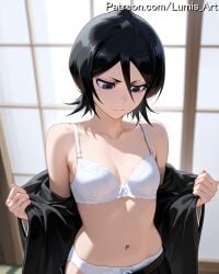 2025 ai_assisted ai_generated artist_name bangs black_hair black_kimono bleach bleach:_the_thousand-year_blood_war blurry blurry_background bow bra breasts cleavage closed_mouth female frown high_quality high_res high_resolution highres indoors japanese_clothes kimono kuchiki_rukia kuchiki_rukia long_sleeves looking_at_viewer lumis_art medium_breasts navel off_shoulder open_clothes panties patreon short_hair shouji sliding_doors solo stable_diffusion underwear undressing watermark white_bra white_panties window