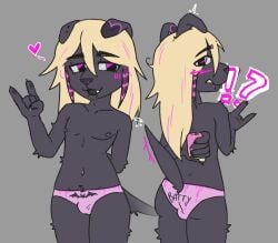 5_fingers alerted anthro ass ball_bulge black_body black_nails blonde_hair blush blush_lines bottomwear bulge bulge_from_behind canid canine canis clothed clothing colored_nails domestic_dog ear_piercing embarrassed eyebrows facial_piercing femboy fingers floppy_ears front_and_back hair hi_res hiding_object_behind_back lip_piercing looking_at_viewer male mammal midriff nails navel nipples nsfwbunniii off_shoulder panties panties_only piercing pink_clothing pink_panties pink_underwear snaggle_tooth snakebite_piercing solo tail thick_eyebrows topless underwear underwear_only vape