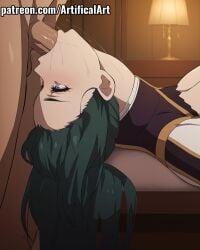 1boy 1girls ai_generated akari_acura artifical_art blowjob blowjob_face blue_eyes blush deepthroat female green_hair hitsugi_no_chaika light-skinned_female light_skin long_hair male penis penis_in_mouth perfect_body ponytail sex sucking sucking_penis tied_hair
